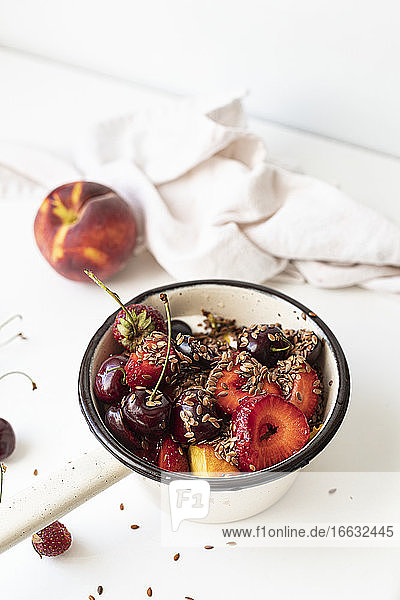 Breakfast of summer fruit with yoghurt  flax and chia