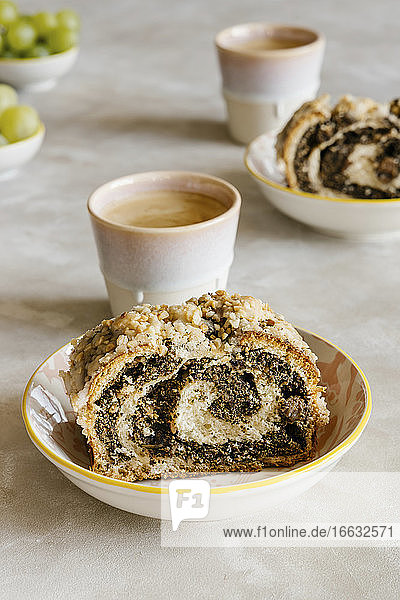 Traditional poppy seed roll and coffee
