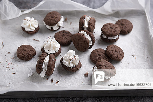 Vegan chocolate biscuits with a vanilla cream filling