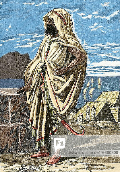Tariq ibn Ziyad (670-722). Muslimischer General des Berberstammes der Nafza  der die muslimische Eroberung des westgotischen Hispaniens anführte. Kupferstich. Koloriert.