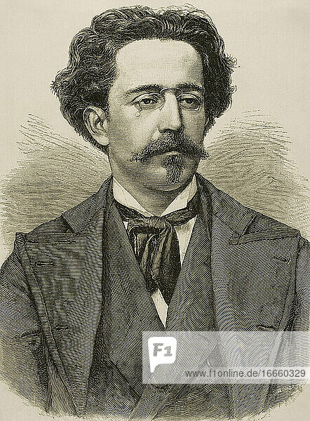 Gaspar Villate Montes (1851-1891). Kubanischer Komponist und Pianist. Kupferstich von Pannemaker. Die spanische und amerikanische Illustration  1878.