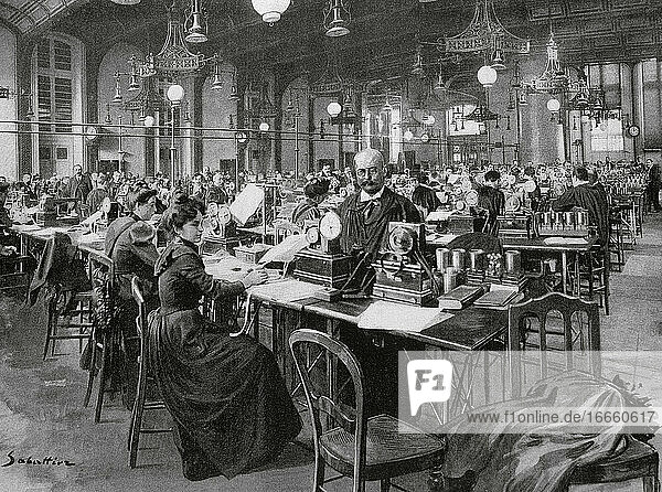 Frankreich. Paris. Zentrales Telegrafenamt. Zimmer der Franzosen. Kupferstich. L'Illustration   1901.