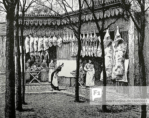 Frankreich. Paris. Metzgerei in Les Halles. Kupferstich. 19. Jahrhundert.