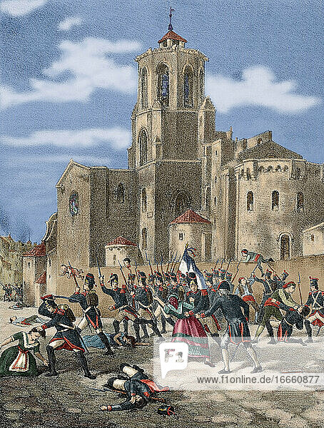 Halbinselkrieg (1808-1814). Katalonien. Belagerung und Eroberung von Tarragona durch französische Truppen unter dem Kommando von Marschall Suchet (28. Juni 1811). Gefecht in der Nähe der Kathedrale. Kupferstich  19. Jahrhundert. Koloriert.