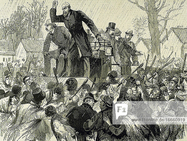Charles Stewart Parnell (1846-1891). Irischer nationalistischer Politiker. Parnell versammelt seine Wähler am Vorabend seiner Niederlage in Kilkenny  Irland. Kupferstich von Capuz.