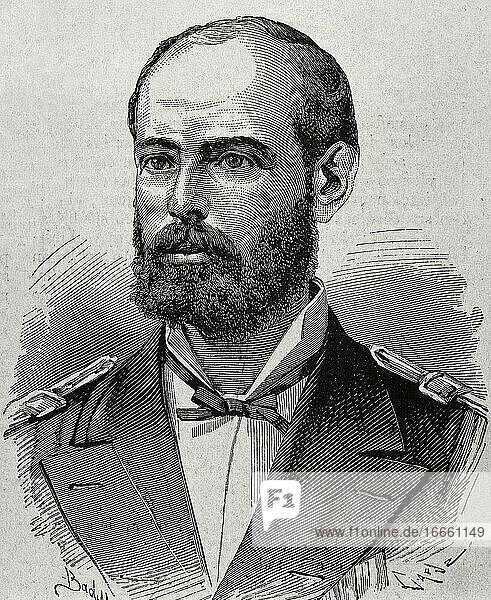 Arturo Prat (1848-1879). Chilean lawyer and navy officer. He died after boarding the Peruvian Huascar at the Naval Battle of Iquique after the ship under his command  the Esmeralda  was rammed. Portrait. Engraving by Capuz in La Ilustracion Espanola y Americana .