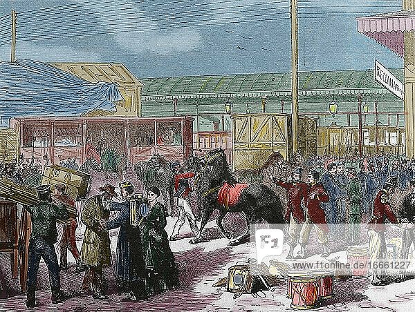 Franco-Prussian War. 1870-1871. Conflict between the Second French Empire and the German states of the North German Confederation led by the Kingdom of Prussian. French troops taking trains in Paris. Engraving by Yon. La Ilustracion Espanola y Americana  1870.
