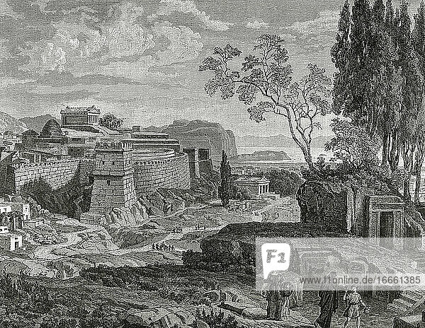 Ancient Greece. City of Mycenae. The Altar of Hera to the right and the castle to the left. In the background  the port and the Nauplia bay. Engraving. 19th century.