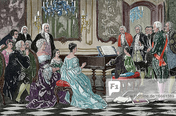 Große Tour der Familie Mozart. Maria Anna (Nannerl) und Wolfgang Amadeus spielen vor der Kaiserin Maria Theresia (1717-1780) am Kaiserhof. Wien  1762. Kupferstich von R. Brend'Amour. Koloriert.