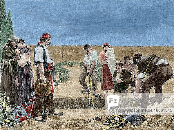 Spanien. Beerdigung. Kupferstich von Sadurni nach einem Gemälde von Fernando Cabrera mit dem Titel Erde. 19. Jahrhundert. Koloriert.
