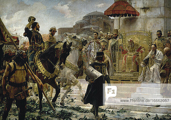 Roger de Flor (1266-1305). Italienischer Militär und Kondottiere. Einzug von Roger de Flor in Konstantinopel. Gemälde von Jose Moreno Carbonero (1859-1942)  1888. Ausschnitt. Palast des Senats. Madrid. Spanien.