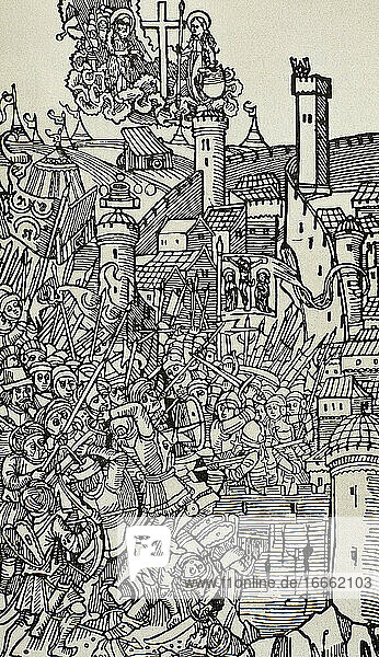 Osmanische Kriege in Europa. Belagerung von Rhodos (1480). Militärische Aktion der osmanischen Armee unter Gedik Ahmed Pascha (gestorben 1482). Ziel war es  den Rittern von Rhodos  einem militärischen Orden  der während der Kreuzzüge entstanden war  die Kontrolle über die Insel zu entreißen. Pierre d'Aubusson (1423-1503)  Großmeister des Ordens des Heiligen Johannes von Jerusalem  führte die Verteidiger an. Kupferstich der Stabilimenta Rhodiorum   1496.
