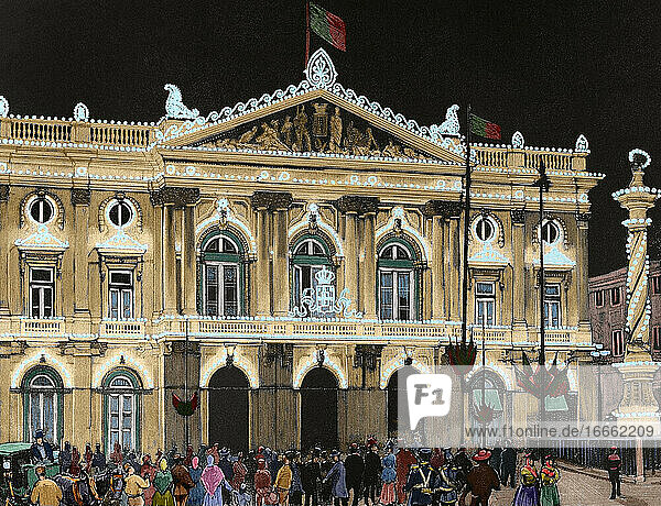 Portugal. Lisbon. Lighting of the town hall for a night of festivities. Engraving by Rico. The Spanish and American Illustration  1886. Colored.