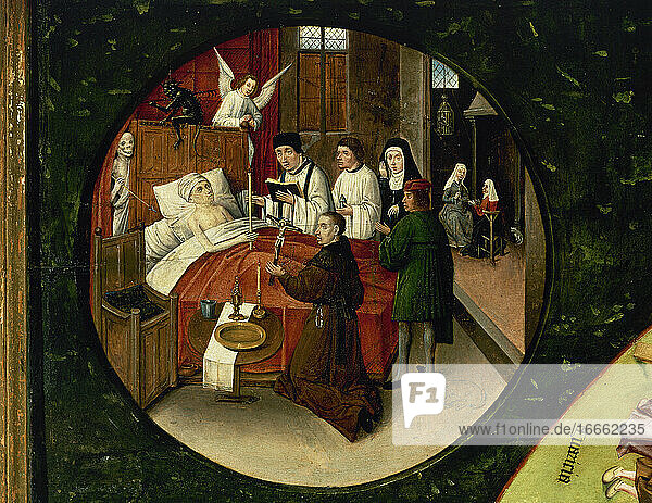 Hieronymus Bosch (ca. 1450-1516). Niederländischer Maler. Tafel der sieben Todsünden und der vier letzten Dinge  1505-1510. Detail des Todes eines Sünders (eine der Vier Letzten Dinge). Prado-Museum. Madrid. Spanien.