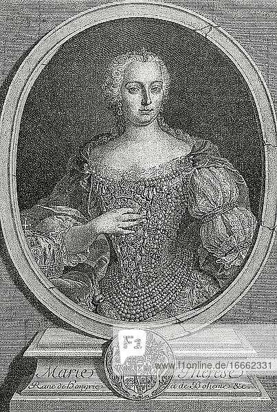 Maria Theresia (1717-1780)  Erzherzogin von Österreich  Königin von Ungarn und Böhmen. Porträt. Kupferstich von de Petit  1743. La Historia Universal  1885.
