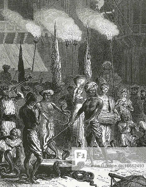 Indien. Mumbai. Schlangenfest. Kupferstich. 19. Jahrhundert.