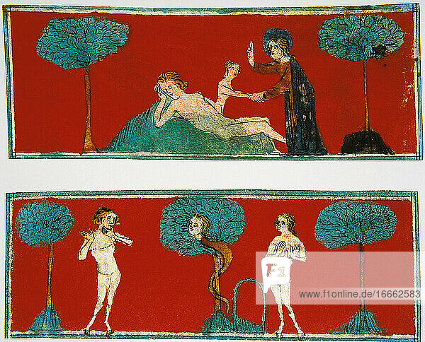 Die Erschaffung von Eva und die Erbsünde. Adam und Eva werden von der Schlange vom Baum des Paradieses verführt. Miniatur  14. Jahrhundert. Schloss von Chantilly. Frankreich.