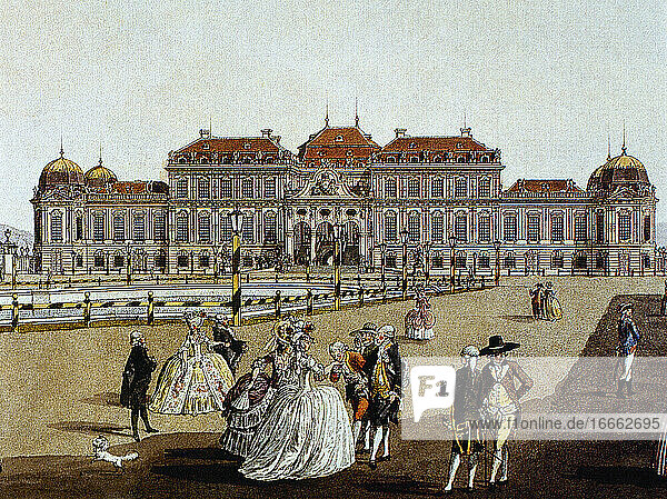 Schloss Belvedere. Wien. Österreich. Kupferstich. Koloriert. 1785.