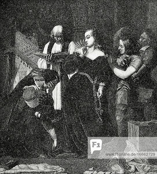Hinrichtung der Königin Maria  Königin von Schottland (1542-1587) und Königingemahlin von Frankreich. Kupferstich  1885. Kupferstich von P. Kahedeman. La Ilustracion Iberica  1885.