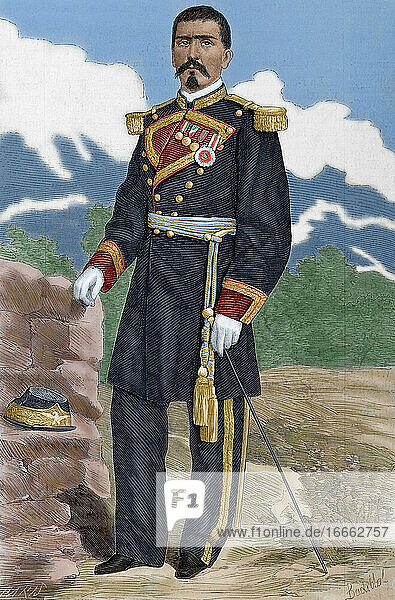 Porfirio Diaz (1830-1915). Mexican soldier and politician. Portrait. Engraving by Paris  19th century. Colored.