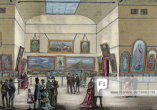Spanien. Barcelona. Menschen  die eine Ausstellung der schönen Künste besuchen. Kupferstich von Capuz. Die spanische und amerikanische Illustration  1870. Koloriert.