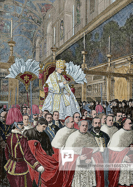 Leo XIII (1810-1903). Italian Pope (1878-1903)  named Vincenzo Gioacchino Pecci. Pope Leo XIII giving a blessing Urbi et Orbi  after the Pontifical Mass from the gestatorial chair. Engraving in The Iberian Illustration  1888. Colored.