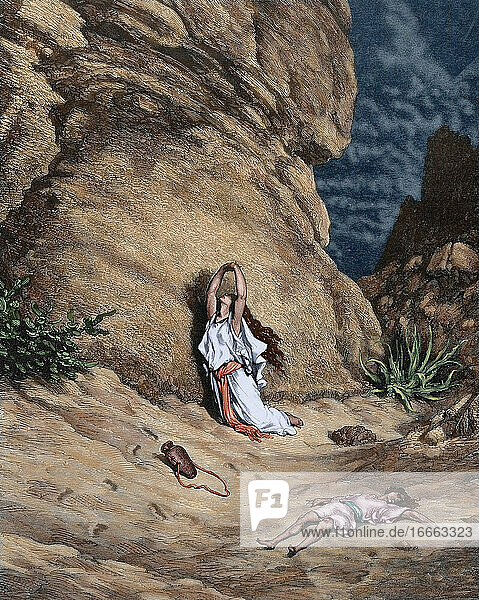 Hagar und Ismael in der Wüste. Buch Genesis. Altes Testament. Kupferstich von Gustave Dore (1832-1883). Koloriert.