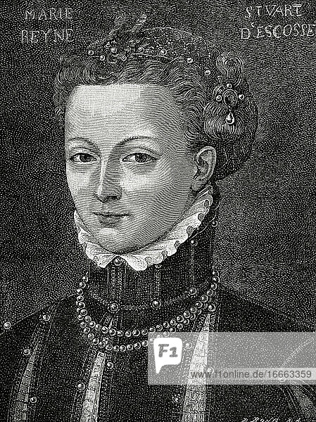 Maria  Königin der Schotten (1542-1587). Königin von Schottland und Königingemahlin von Frankreich. Kupferstich von R. Bong. Historia Universal  1885. Originalporträt von F. Clouet (16. Jh.).