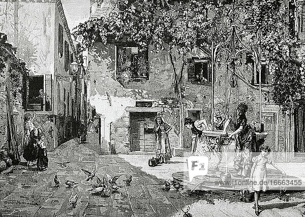Ricardo de Madrazo y Garreta (1851-1917). La Ilustracion Artistica  1884. Kupferstich von A. Closs. Reproduziert ein Gemälde von Madrazo. Bei der Quelle.