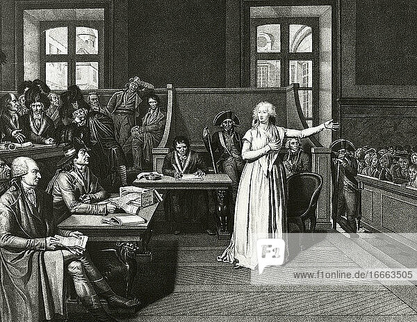 Marie Antoinette (1755-1793). Gemahlin der Königin von Frankreich. Am 16. Oktober 1793 wurde sie vor Gericht gestellt und verurteilt. Marie Antoinette vor Gericht. Kupferstich.