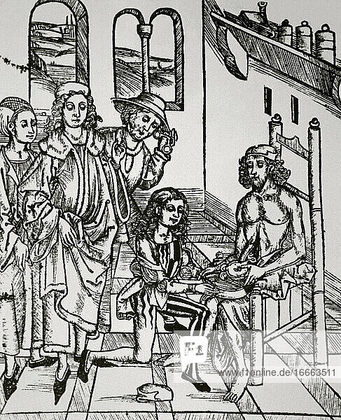 Geschichte der Medizin. Sättigung des Darms. Holzschnitt in Dies ist das Buch Der Chirurgia (15. Jahrhundert).