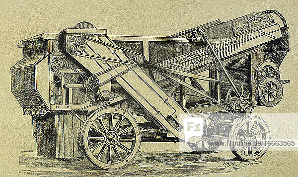Industrielle Revolution. Landwirtschaftliche Maschinen. Dreschmaschine. Reihe K. Kupferstich von Haure. La Ilustracion Espanola y Americana  1870.