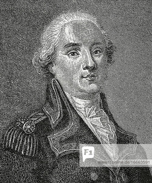 Jacques-Francois de Menou (1750-1810). Französischer Staatsmann. Kupferstich in Geschichte Frankreichs  1881.