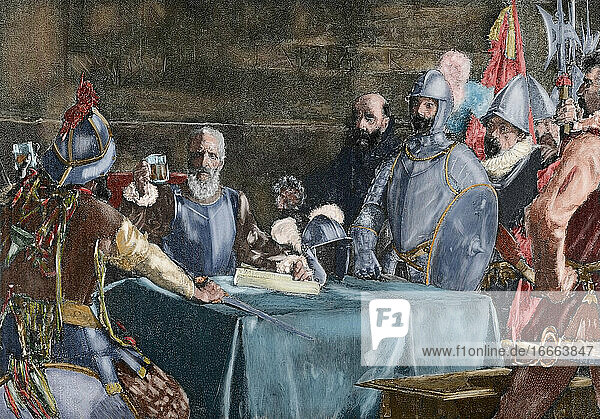 Miguel Lopez de Legazpi (1503-1572). Spanischer Admiral und Gouverneur. Die Zeremonie des Blutpakts zwischen Legazpi und Sikatuna  König der Philippinen. Kupferstich. Koloriert.