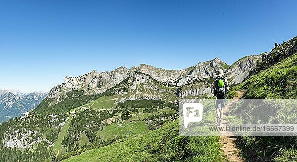 Hiker on a hiking trail  Haidachstellwand  5-summit via ferrata  hiking at the Rofan Mountains  Tyrol  Austria  Europe