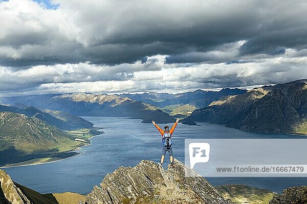 Hiker stands on a rock and stretches his arms in the air  View over Lake Hawea  lake and mountain landscape in the evening light  View from Isthmus Peak  Wanaka  Otago  South Island  New Zealand  Oceania