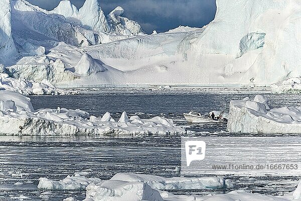 Ein Fischerboot fährt zwischen kolossalen Eisbergen  Diskobucht  Ilulissat  Grönland  Nordamerika