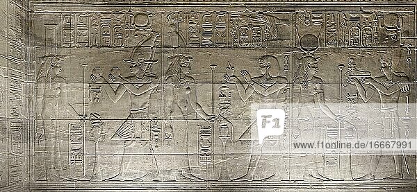Reliefs in the inner sanctuary Philae temple Aswan Egypt Africa