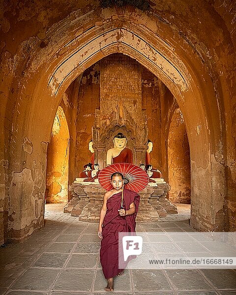 Buddhist young monk in red robe with red umbrella walks in a temple  Bagan  Myanmar  Asia