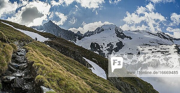 Wanderweg vor schneebedeckten Berggipfeln  Furtschaglspitze und Großer Möseler  Aufstieg zum Schönbichler Horn  Gletscher Furtschaglkees  Berliner Höhenweg  Zillertaler Alpen  Zillertal  Tirol  Österreich  Europa