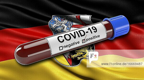 Blutprobenröhrchen  positiver Covid-19 Bluttest mit Flagge vom Saarland  Deutschland  Europa