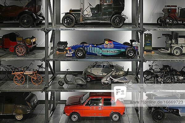 High-bay warehouse with historic vehicles Museum of Transport Lucerne Switzerland Europe