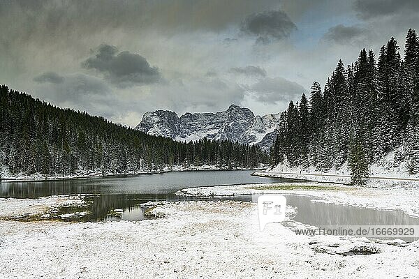 Lago di Misurina morning mood with first snow Dolomites Italy Europe