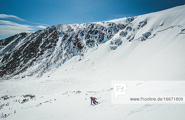 Skier descending Tuckerman Ravine  New Hampshire