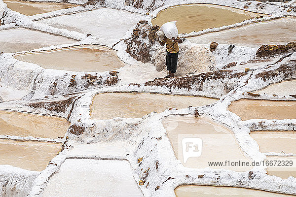 Mann bei der Arbeit in den Salineras de Maras  Heiliges Tal  Peru