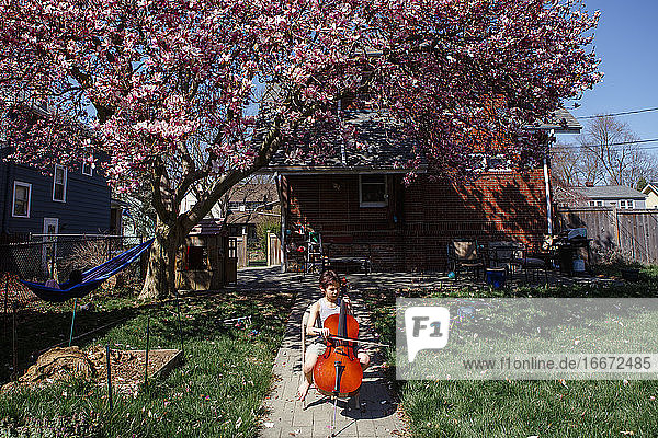 ein Kind sitzt unter einem blühenden Magnolienbaum im Hinterhof und spielt Cello