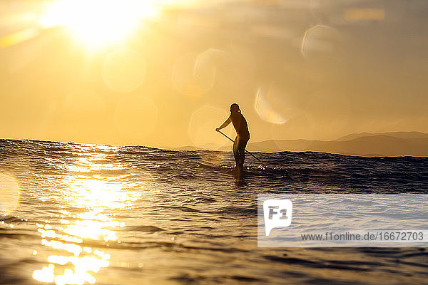 Männlicher SUP-Surfer bei Sonnenuntergang