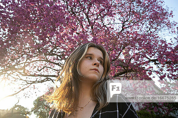 Portrait of a girl on the background of a pink flowering tree