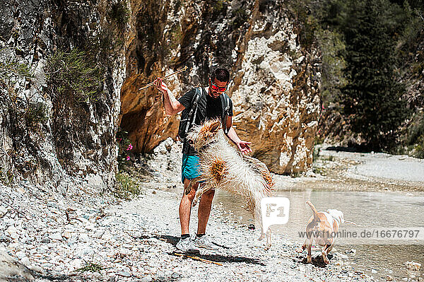 Junger Mann spielt mit Hunden am Fluss Canyon