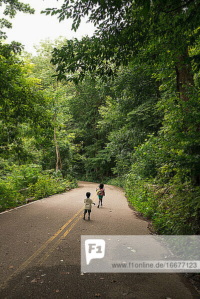 Kids running down a road with trees on both sides
